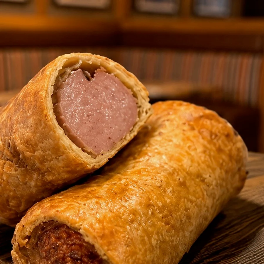 Wedges Bakery sausage rolls, one cut open to show the filling