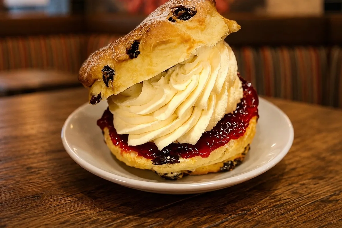 Fruit scone with jam and fresh cream at Wedges Bakery